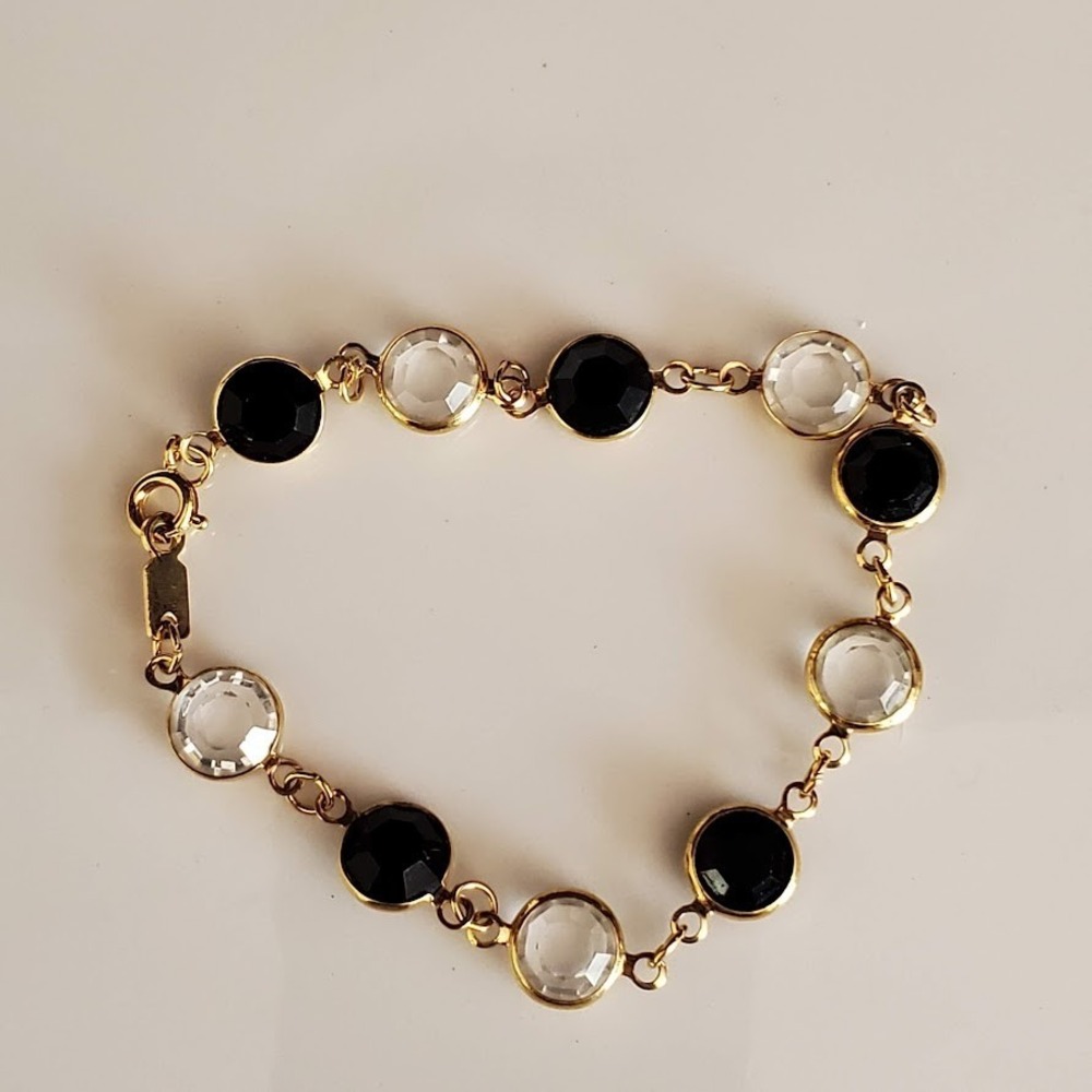 Swarovski Gold Plate Black and Clear Crystal Bezel Set Link Bracelet Classic